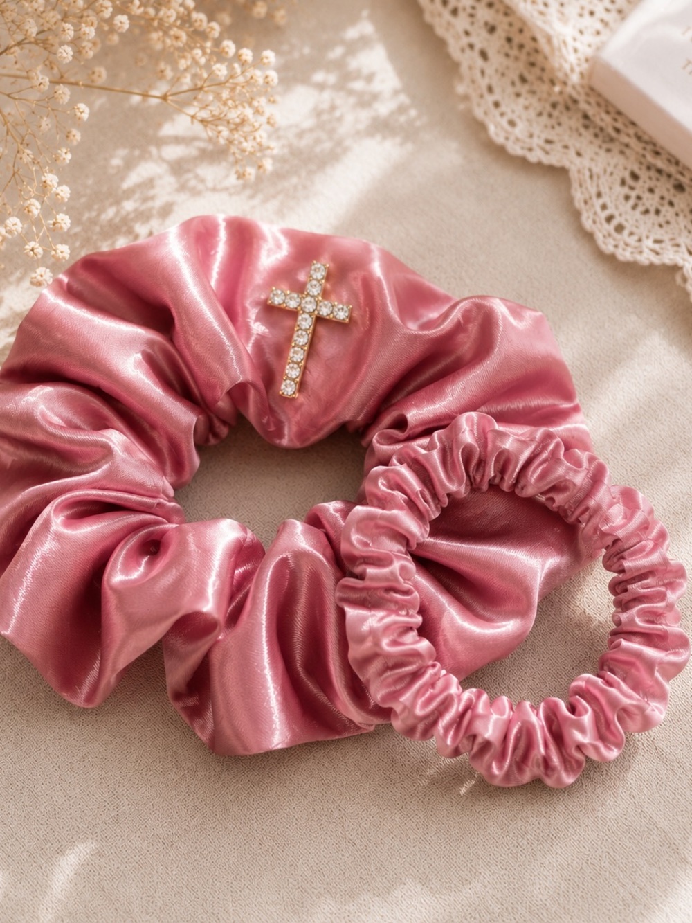 Pink Satin Scrunchie Duo with Rhinestone Cross Accent